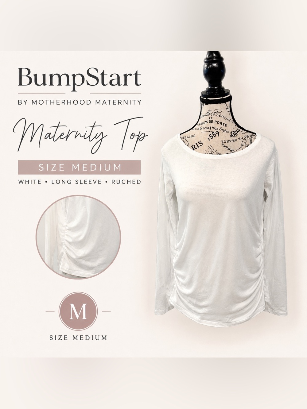 BumpStart by Motherhood Maternity White Long Sleeve Ruched Tee | Size Medium